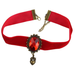 Red flannelette collar with ruby red gem centerpiece in a bronze heart pendant
