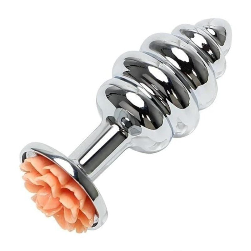 Shiny Ribbed Flower Metal Butt Plug 2.76 Inches Long