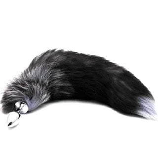 This is an image of the Foxy Gray Ash Fox Tail 17 Inches Long Plug, featuring the comfortable 1.65-inch plug and 16.07-inch tail.