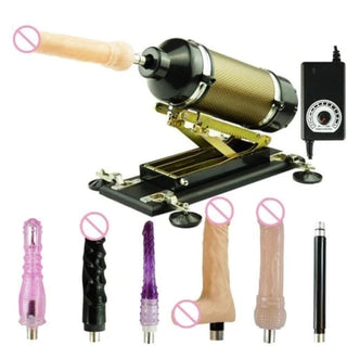 Check out an image of High-Powered Sex Machine Dildo in gold color with Flesh, Black, and Purple dildos, offering endless pleasure options.