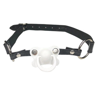 Adult Baby Gag showcasing soft PU leather strap and black pacifier for role-play adventures.