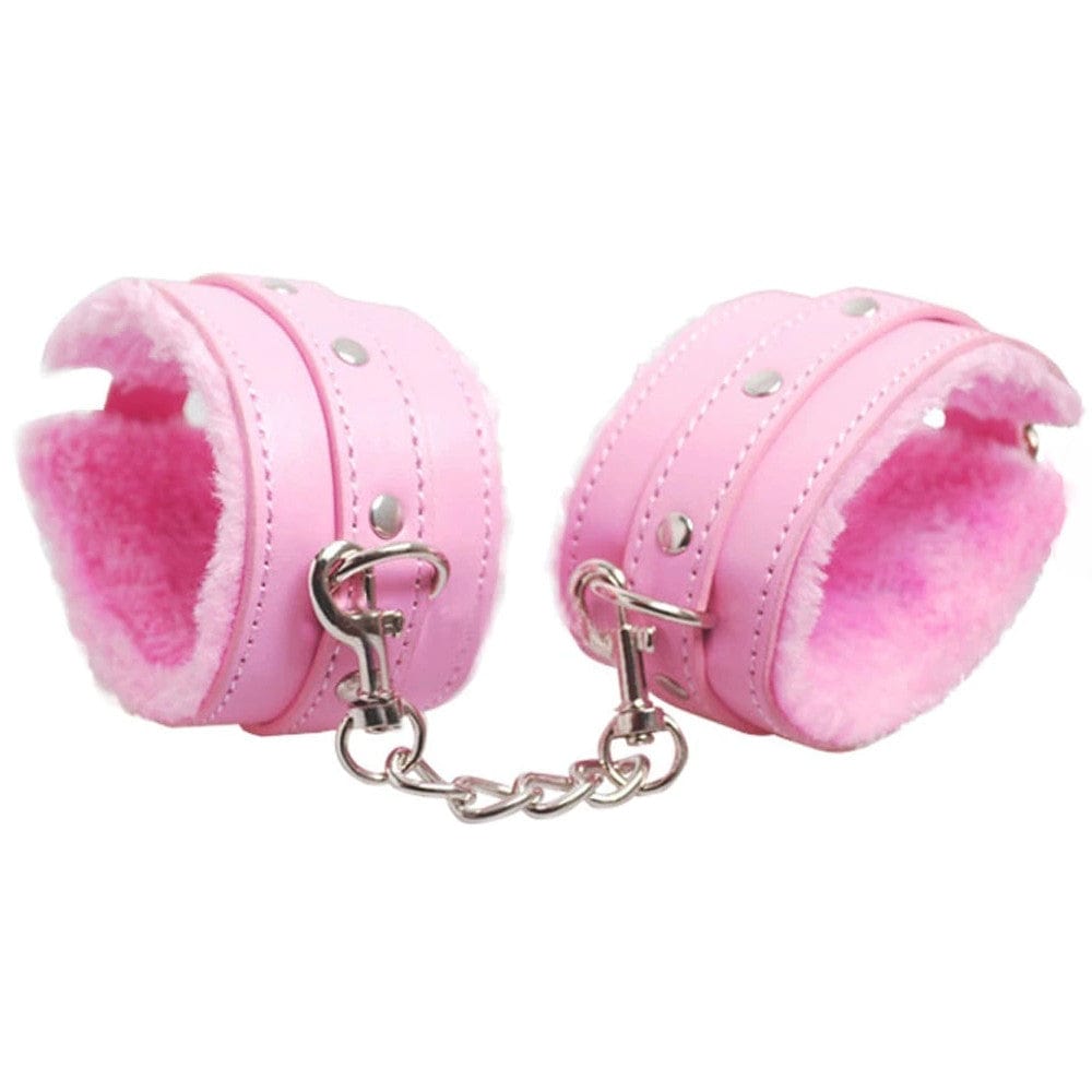 Presenting an image of the adjustable Sugar and Spice Pink Leather Body Bondage Set with dimensions including collar, whip, handcuff, ankle cuff, and rope lengths.