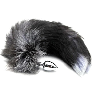What you see is an image of the Foxy Gray Ash Fox Tail 17 Inches Long Plug, crafted from high-quality stainless steel and faux fur for durability.