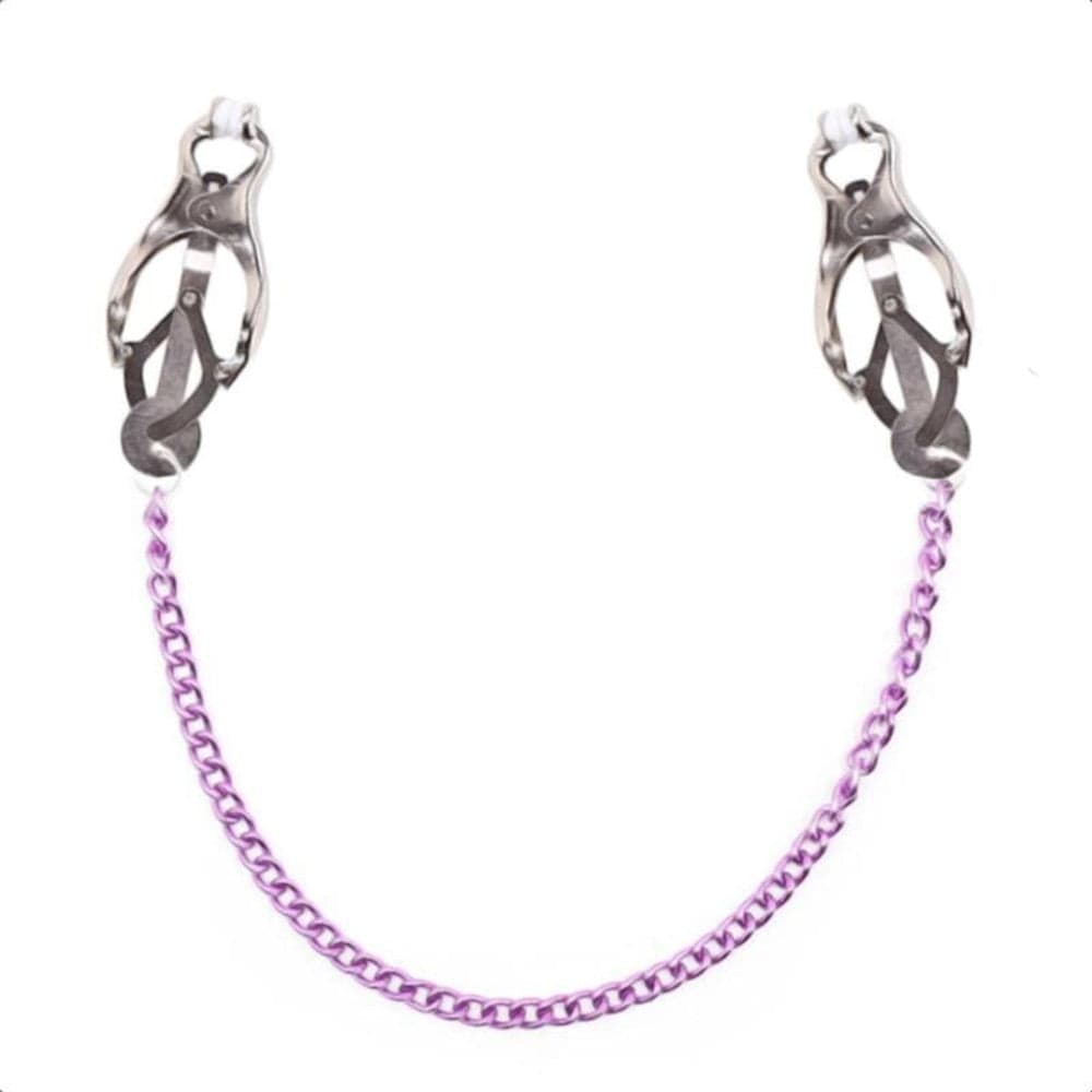 Metal chain connecting purple nipple clamps for a visually appealing look
