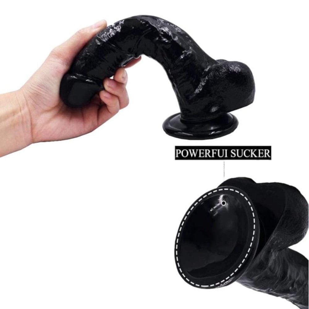 Presenting an image of a textured black dildo made of PVC for a lifelike feel.