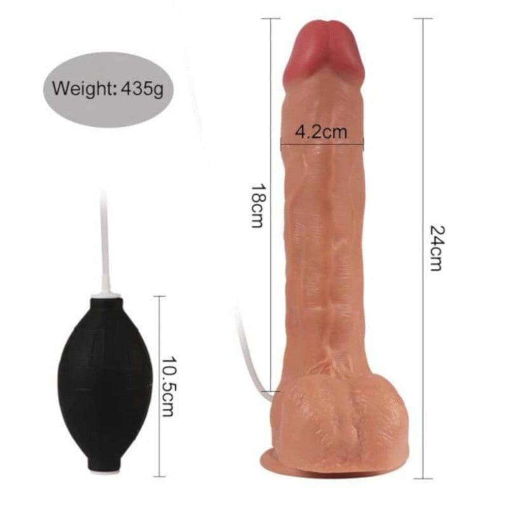 Realistic 9 inch squirting dildo with suction cup, perfect for experiencing a creamy sensation and hitting deep pleasure spots.