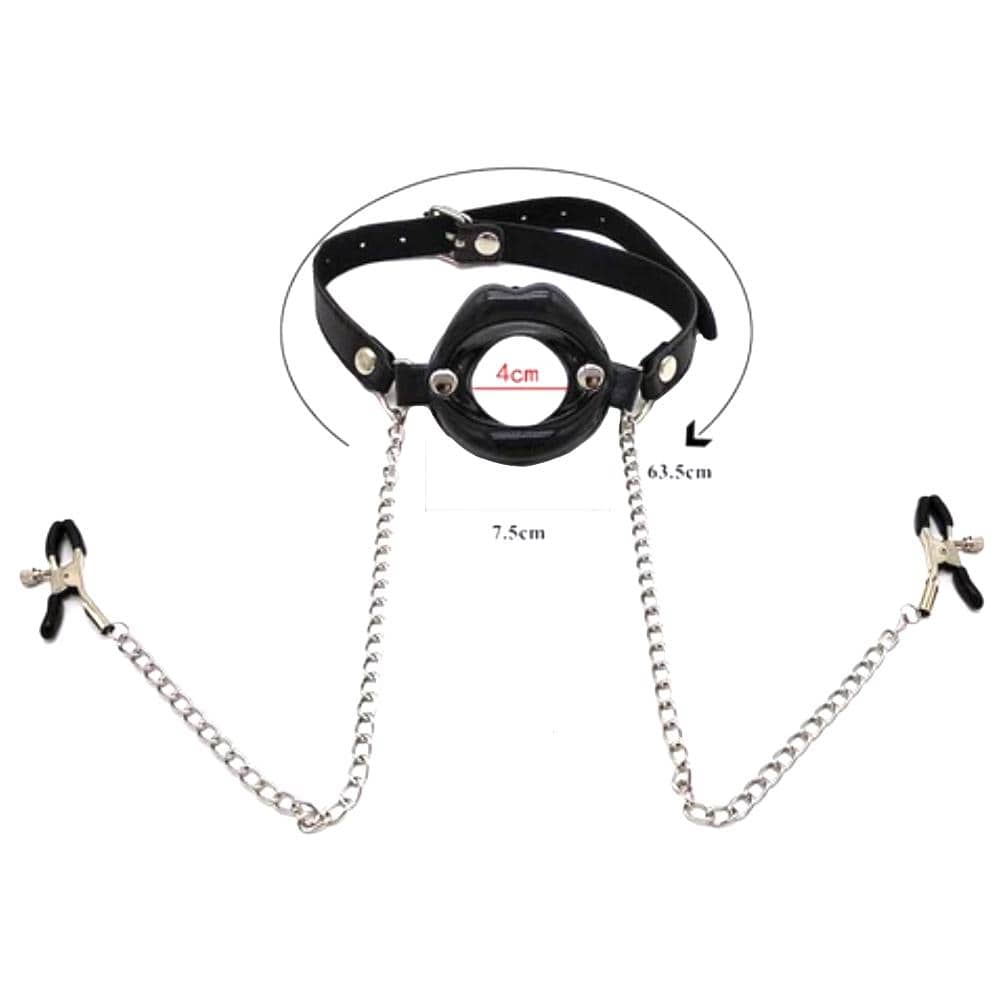 An image displaying the dimensions of Slave Punishment Gag With Nipple Clamps, including the 25-inch chain and adjustable gag sizes.