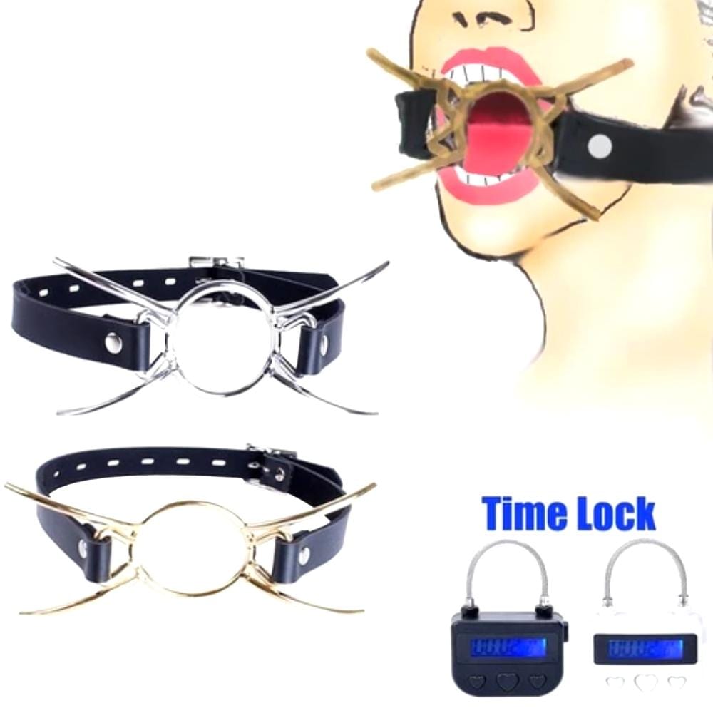 Presenting an image of Electronic Padlock Spider Gag Ring specifications with dimensions and materials for precise and pleasurable play.
