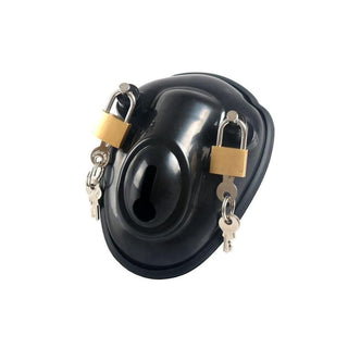 You are looking at an image of Forbidden Entry Small Chastity Device, a sleek and secure penis ring in black and transparent colors.