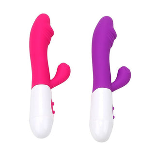This is an image of G Spot Dildo Rabbit Vibrator Clit Stimulator - Total length of 7.48 with insertable length of 3.74, G-spot head of 1.18 and clit stimulator of 1.65.