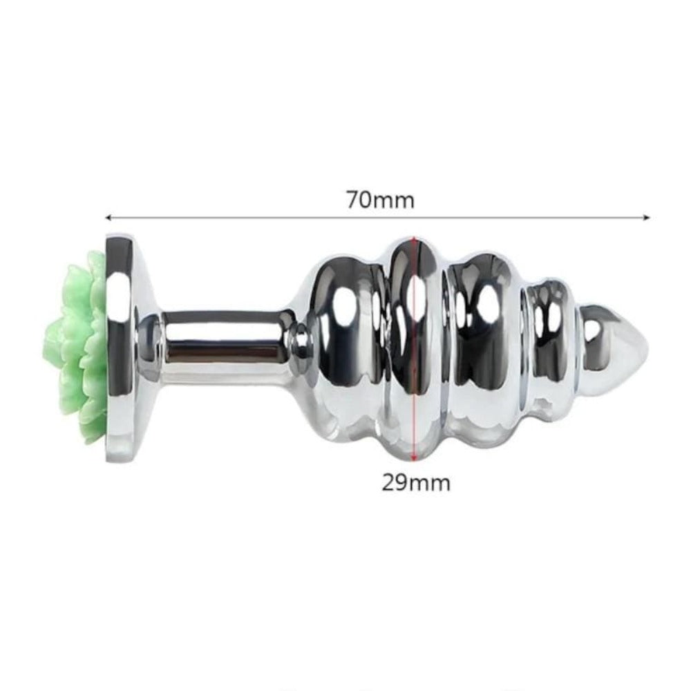 A picture of Shiny Ribbed Pretty Flower Metal Plug 2.76 Inches Long, a tool that adds a touch of elegance and personality to your intimate collection.