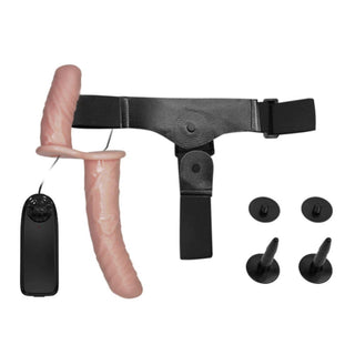 Battery-Powered Double Ended Vibrating Strap On with dimensions: longer side 7.09 inches, shorter side 3.94 inches.