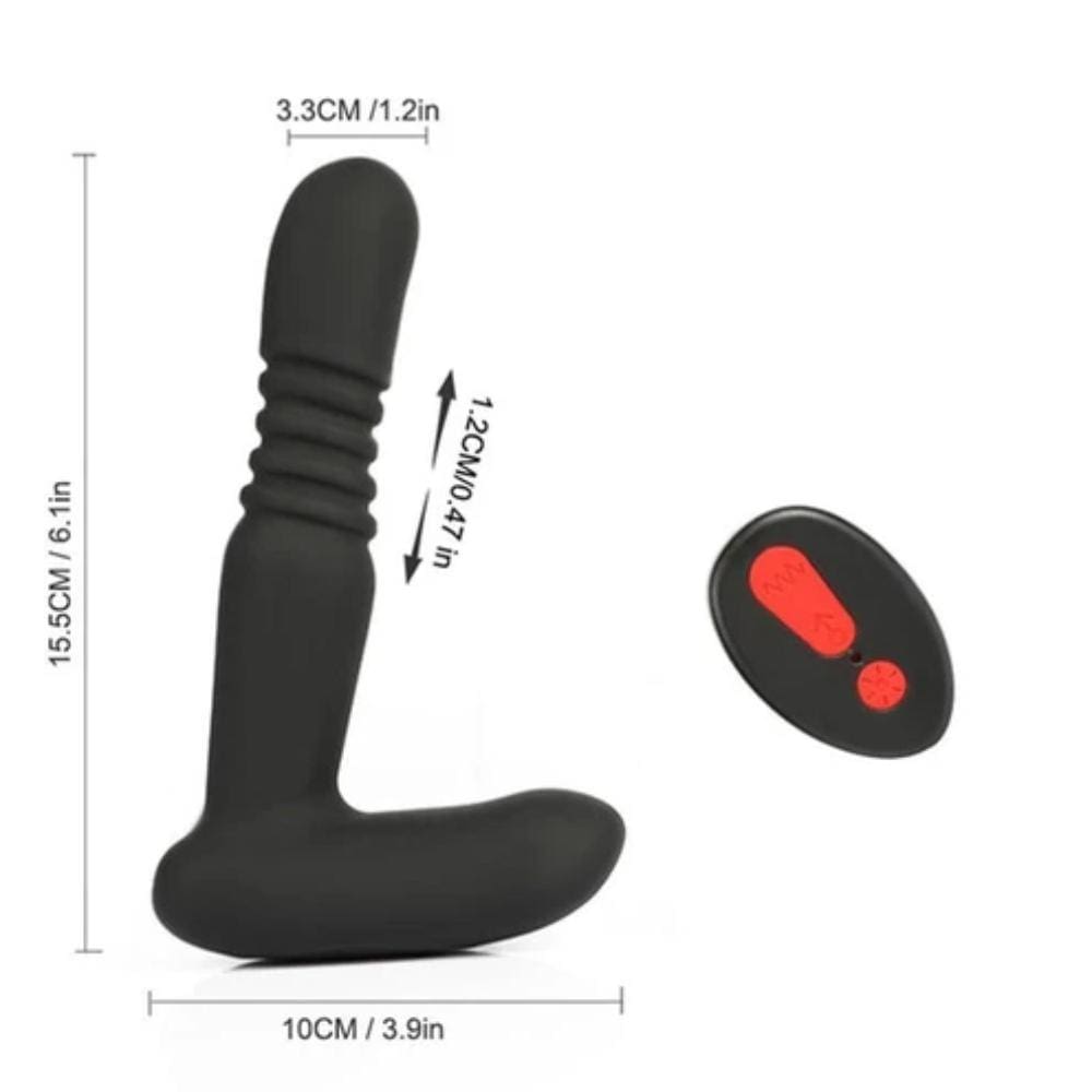 Presenting an image of the dimensions of the Backdoor Pleasure Remote Dildo Thrusting Vibrating Butt Plug, including length and width.