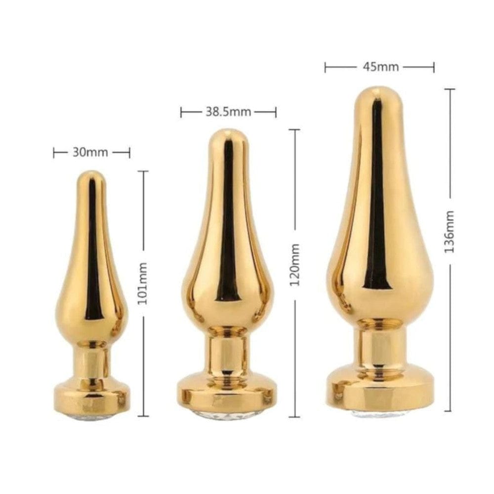 Gold Cone-Shaped Stainless Steel Princess Jeweled Plug Set Trainer Large Toy