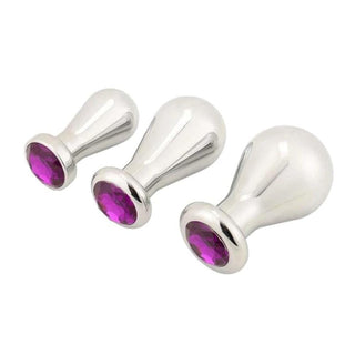 Stainless Steel Toy Bulb Jeweled Butt Plug Large 3pcs Anal Trainer Set in blue, red, and purple colors.