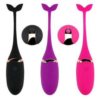 Presenting an image of whale-shaped remote control kegel balls in purple, rose, and black colors.