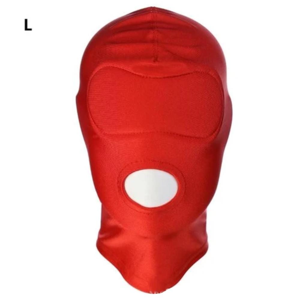 Red spandex mask for sensory surrender and anticipation in intimate moments.