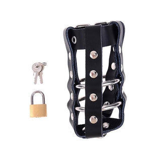 Take a look at an image of the adjustable design of Leather Punisher Chastity Restraint for various sizes and comfortable wear.