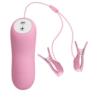 A close-up image showcasing the compact and sleek design of Pink Vibrating Electro Nipple Clamps Set.