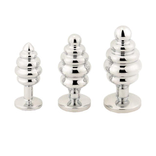 A set of jeweled anal plugs made from stainless steel with a smooth surface and comfortable tapered end for easy insertion.