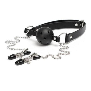 Bondage Choker with Clamps in black leather and silver chains for kinky setups.