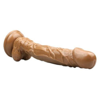 Take a look at an image of a realistic horse dildo with lifelike texture, prominent veins, a glans, and testicles for added stimulation.