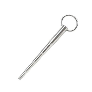What you see is an image of Sounding Rod Therapy Penis Plug with Ring, 5.31 inches in length and available in various widths for a customizable experience.