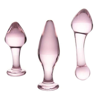 What you see is an image of Pink Crystal Glass Plug 3 Piece Anal Training Set with three different sizes for varied sensations.