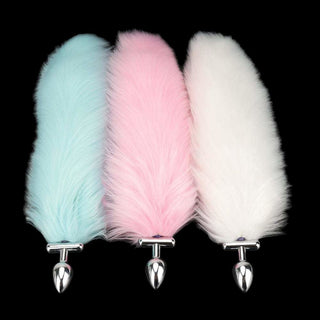 This is an image of Stainless Steel LED Cat Fox Tail Plug featuring a silver plug and a fluffy white tail.