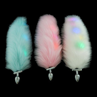 Stainless Steel LED Cat Fox Tail Plug showing the tapered 1.57 plug and the 14.96 pink tail.