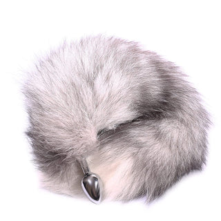 18 to 19 inch Gray Wolf Tail with silver butt plug for intimate play.