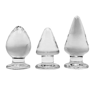 In the photograph, you can see an image of 3 Sizes Large Transparent Glass Butt Plug For Men, featuring variant A with a length of 10.5 cm and a width of 6 cm.