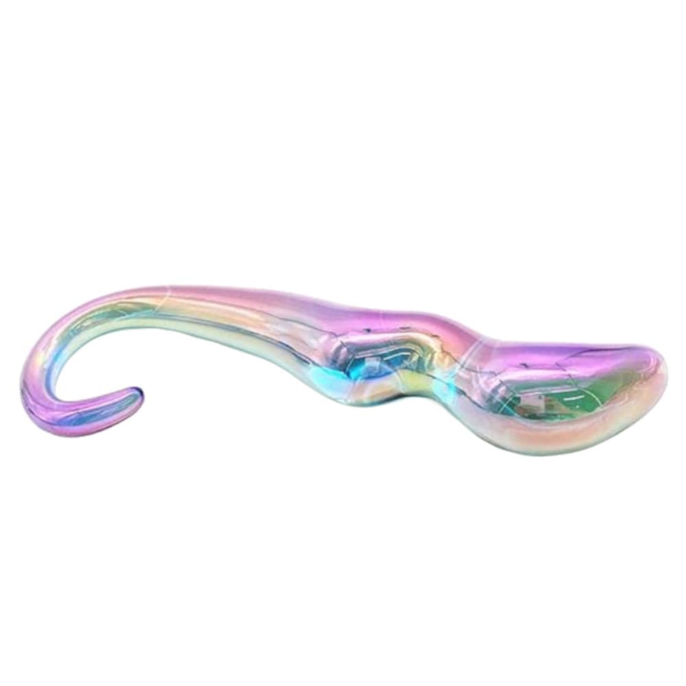 View of Rainbow Octopus Teardrop 7 Inch Glass Dildo for Women, showcasing its glossy physique and tapered head for G-spot or prostate play.