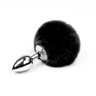 Here is an image of Black Stainless Steel Bunny Tail Butt Plug with faux fur tail attachment for sensual stimulation.
