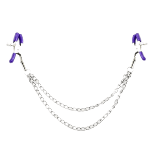 What you see is an image of Dual Layer Nipple Clamps With Chain, featuring durable metal clamps with adjustable screws for intensified BDSM roleplay.
