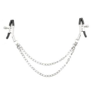 You are looking at an image of Dual Layer Nipple Clamps With Chain, focusing on the cool, smooth texture of the metal and rubber-coated tips for comfort.