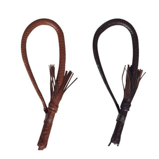 Take a look at an image of Genuine Leather Bondage Whip with braided leather strings for equestrian play.