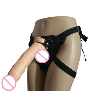 Image of Huge Meaty Cock Strap On in black and flesh colors, made of high-quality PVC.