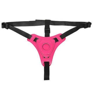 In the photograph, you can see an image of Pretty Pink Harness With Dildo, highlighting its unique design with a 5.71-inch length and a 1.14-inch diameter tip for easy insertion.