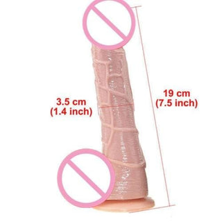 Here is an image of Perfect Fit Realistic 7-Inch Strap On dimensions: small 7.09 inches full length, 5.71 inches insertable length, large 7.48 inches full length, 5.90 inches insertable length.