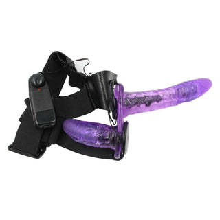 Featuring an image of a Stylish Purple Double Ended Vibrating Harness with bulbous heads and vein-textured shafts for realistic penetration.