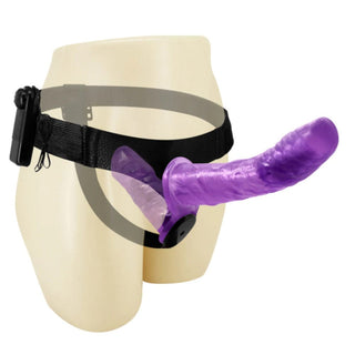 Check out an image of a Stylish Purple Double Ended Vibrating Harness made from medical-grade silicone for safety and comfort.
