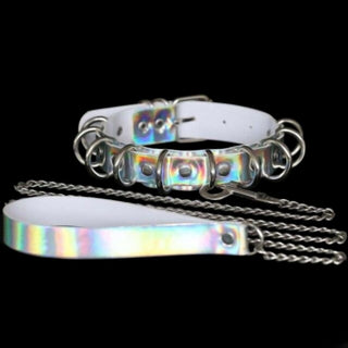 This is an image of Total Control Holographic Leather Neck Collar in blue, white, gold, and pink hues with metal hooks and an extendable leash.