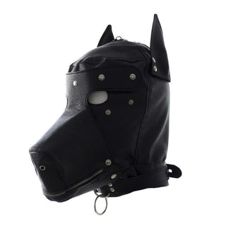 An image showcasing the black PU leather Puppy Play BDSM Mask with Removable Muzzle, complete with leash hook for added control and dominance.