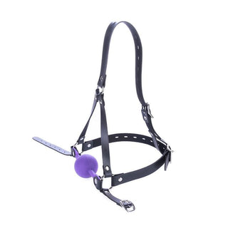 This is an image of Restrictive Purple Ball Gag showcasing the adjustable straps and comfortable fit for versatile use.