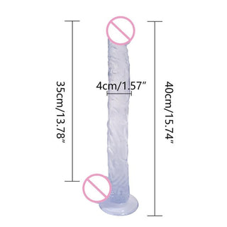 Pictured here is an image of Extreme Pegging Transparent 10 Inch to 15-Inch Long Strap On specifications - transparent dildo, black harness, 15.74 inches full length, 13.77 inches insertable length, 1.57 inches width/diameter.