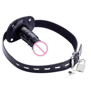 Check out an image of Oral Stuffing Lockable Cock Gag Mouth in black color with two size options for the dildo.