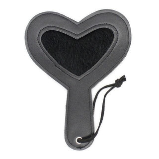 Take a look at an image of Charming Slap Kink Plushy Heart Sex Paddle in classic black color with plush material and PU leather lining.