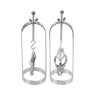 What you see is an image of Torture Cage Nipple Stretchers, silver butterfly clamps made from stainless steel.