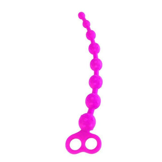 Displaying an image of Graduated Progression Pink Anal Beads, 11.42 inches total length, 10.24 inches insertable length, starting at 0.59 inches width and gradually increasing to 1.34 inches width. Handle design measuring 2.40 inches overall width with holes of 0.79 inch.